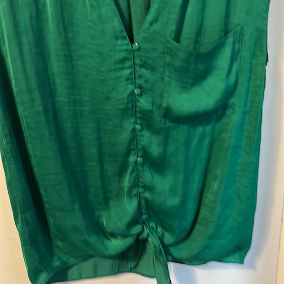 Zara- Trafaluc collection- emerald green satin like button up blouse with tie - Picture 2 of 4